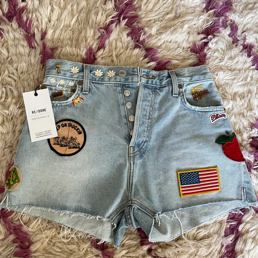 Re/Done High Rise Embellished Jean Shorts